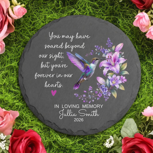 Personalized hummingbird memorial garden stone You may have soared beyond our sight round slate