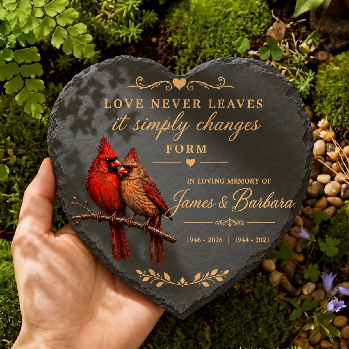 Heart cardinal memorial stone with custom names and years