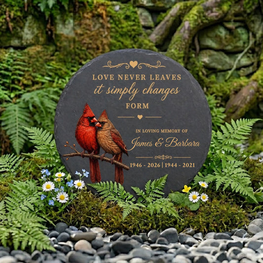 Personalized cardinal couple memorial garden stone Love never leaves it simply changes form round slate
