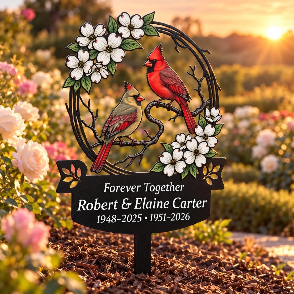 Forever Together cardinal metal stake at sunset in rose garden