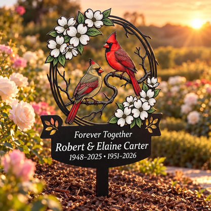 Forever Together cardinal metal stake at sunset in rose garden