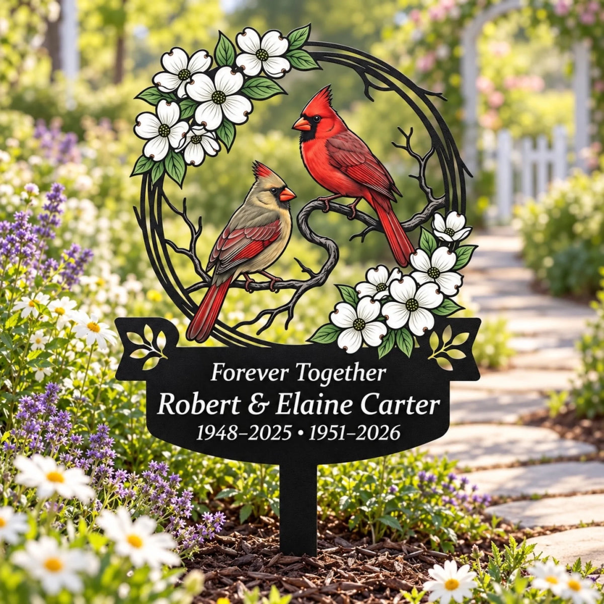 Cardinal and dogwood memorial garden stake by stone path