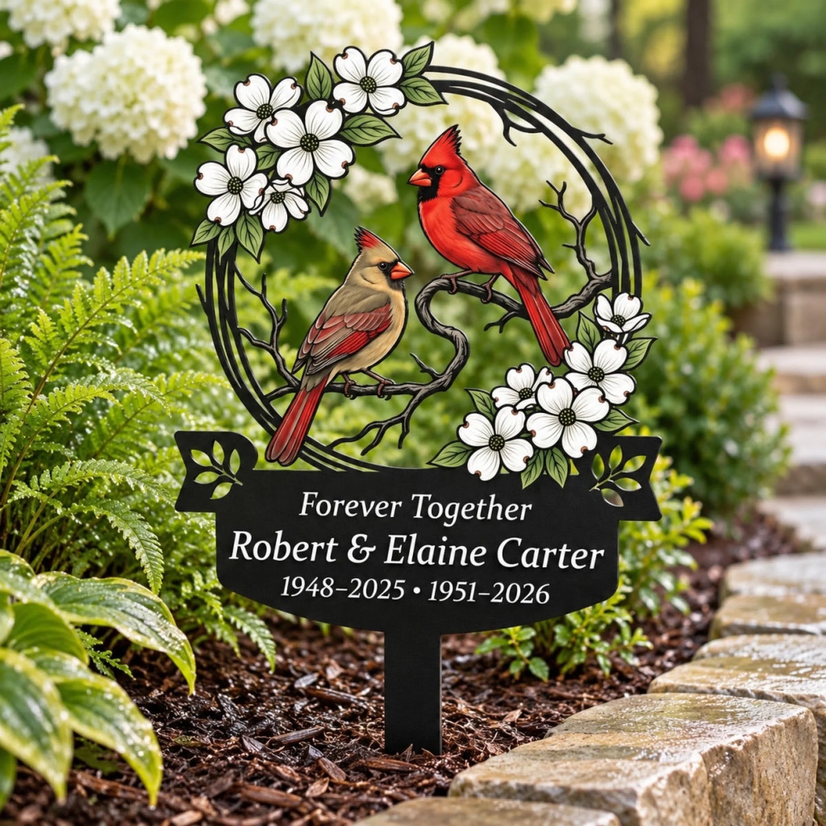 Cardinal couple memorial stake with hydrangeas and ferns