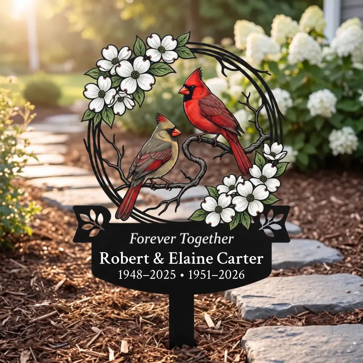 Personalized cardinal couple memorial garden stake Forever Together custom names and years