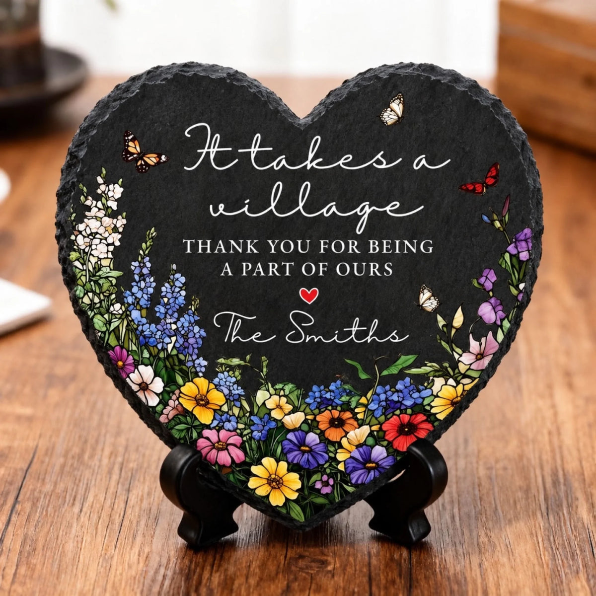 Heart It takes a village slate with family name