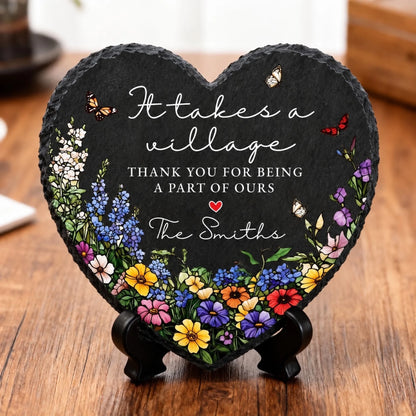 Heart It takes a village slate with family name