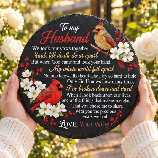 Personalized To My Husband cardinal memorial garden stone round slate