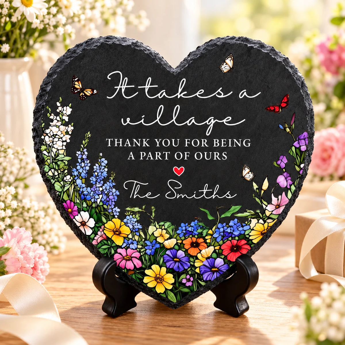 Personalized It Takes A Village Garden Stone – Thank You For Being A Part Of Ours, Custom Family Name, Wildflower Slate Appreciation Gift for Nanny, Teacher, Friends