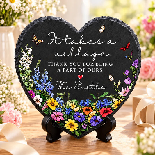 Personalized It Takes A Village Garden Stone – Thank You For Being A Part Of Ours, Custom Family Name, Wildflower Slate Appreciation Gift for Nanny, Teacher, Friends