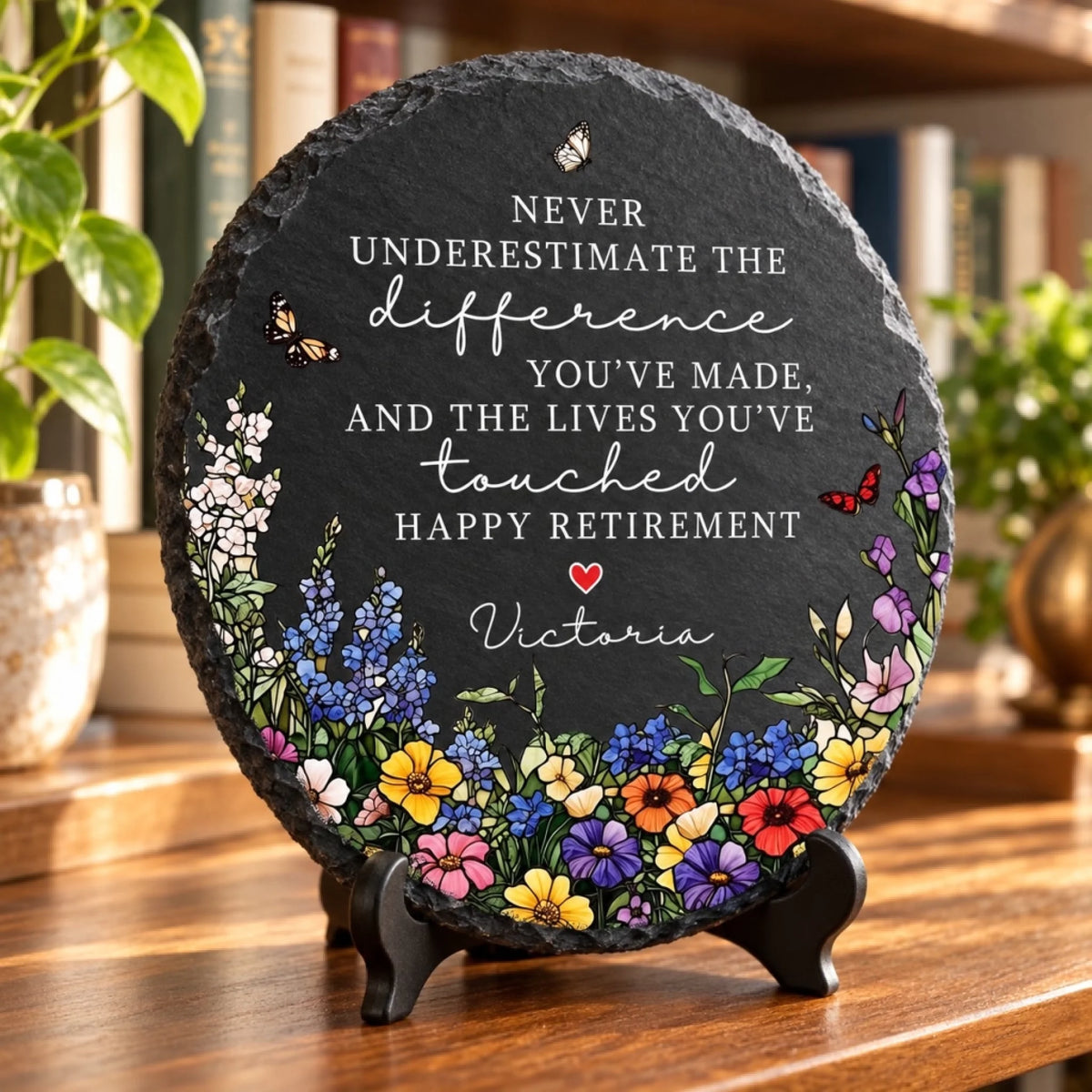 Happy Retirement slate on easel stand by bookshelf