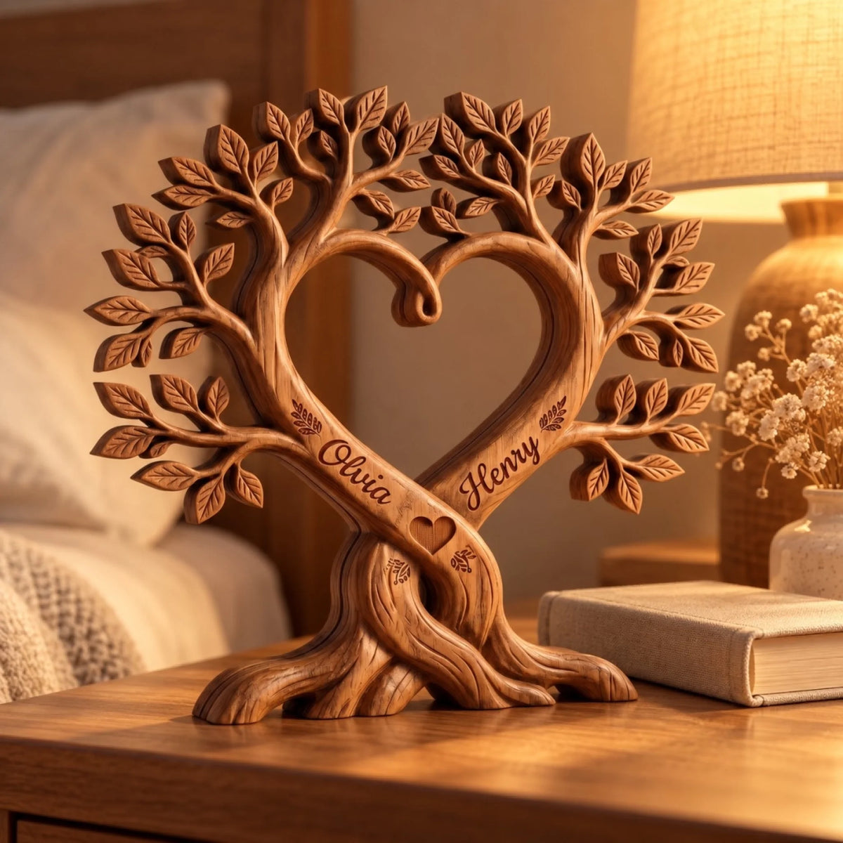 Heart tree wooden sculpture engraved names