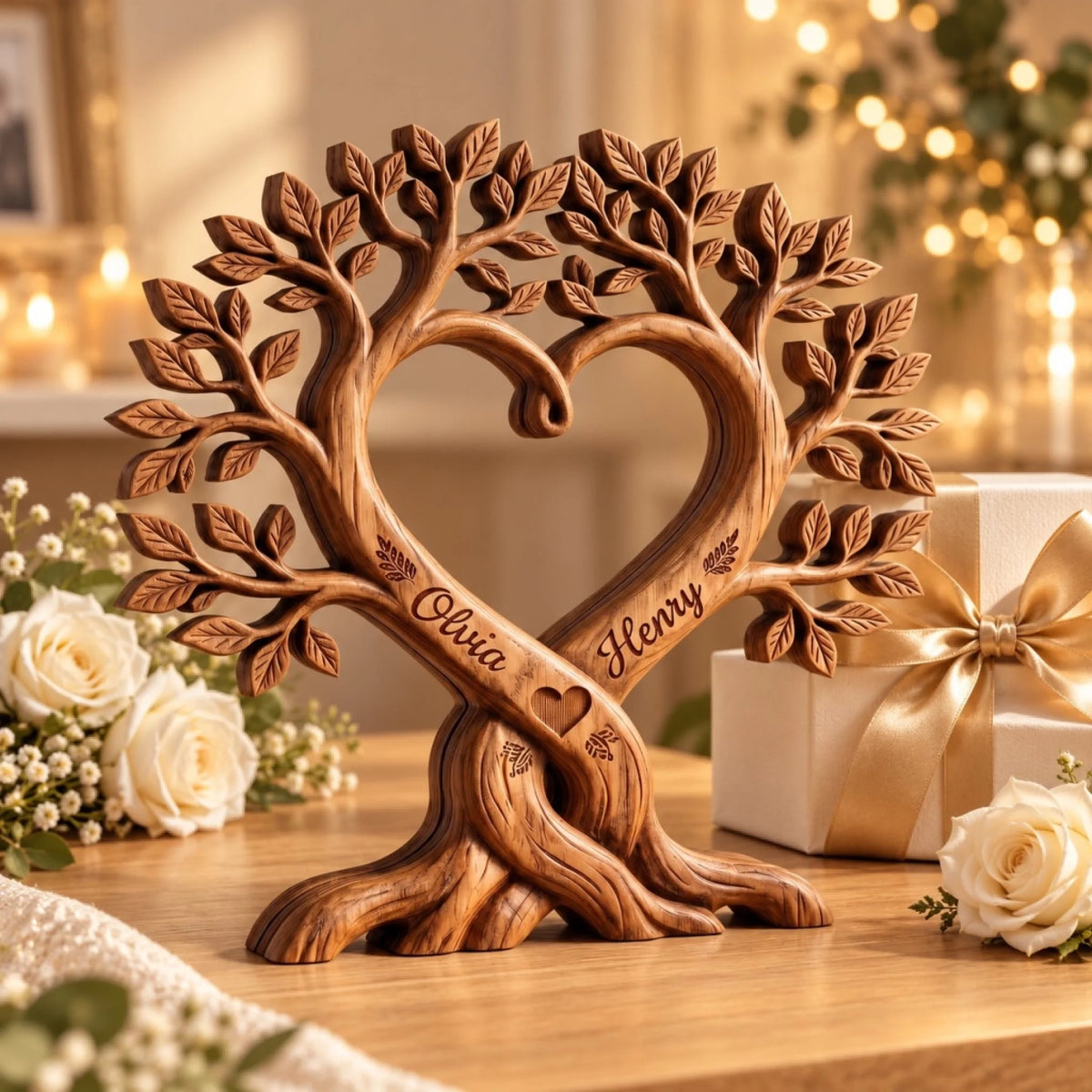 Heart tree wooden sculpture couple gift
