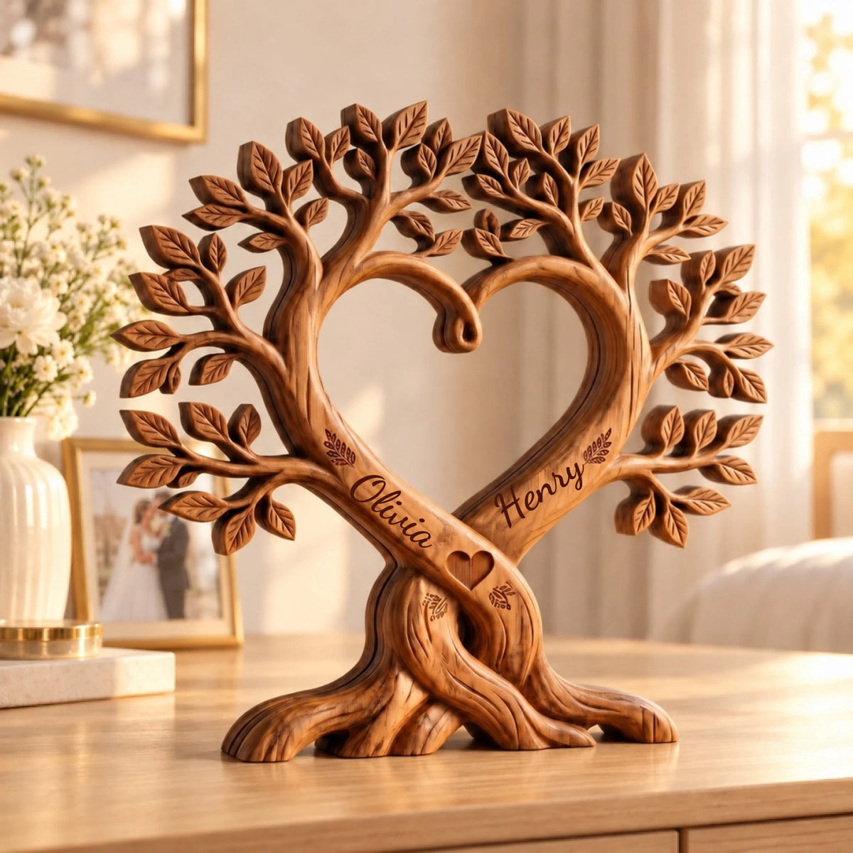 Personalized heart tree couple names wooden sculpture