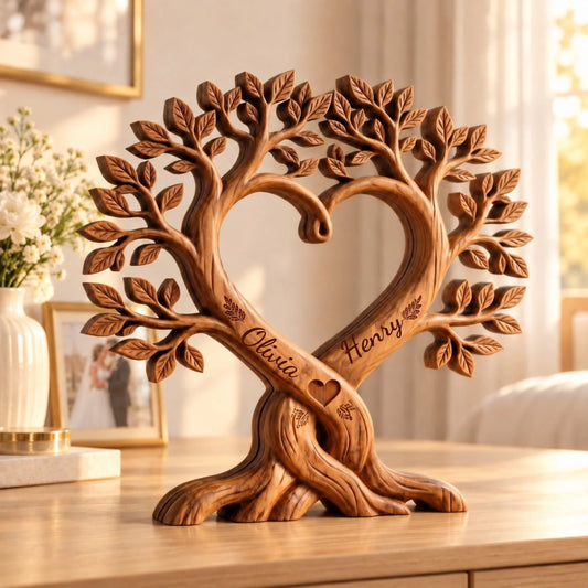 Personalized heart tree couple names wooden sculpture
