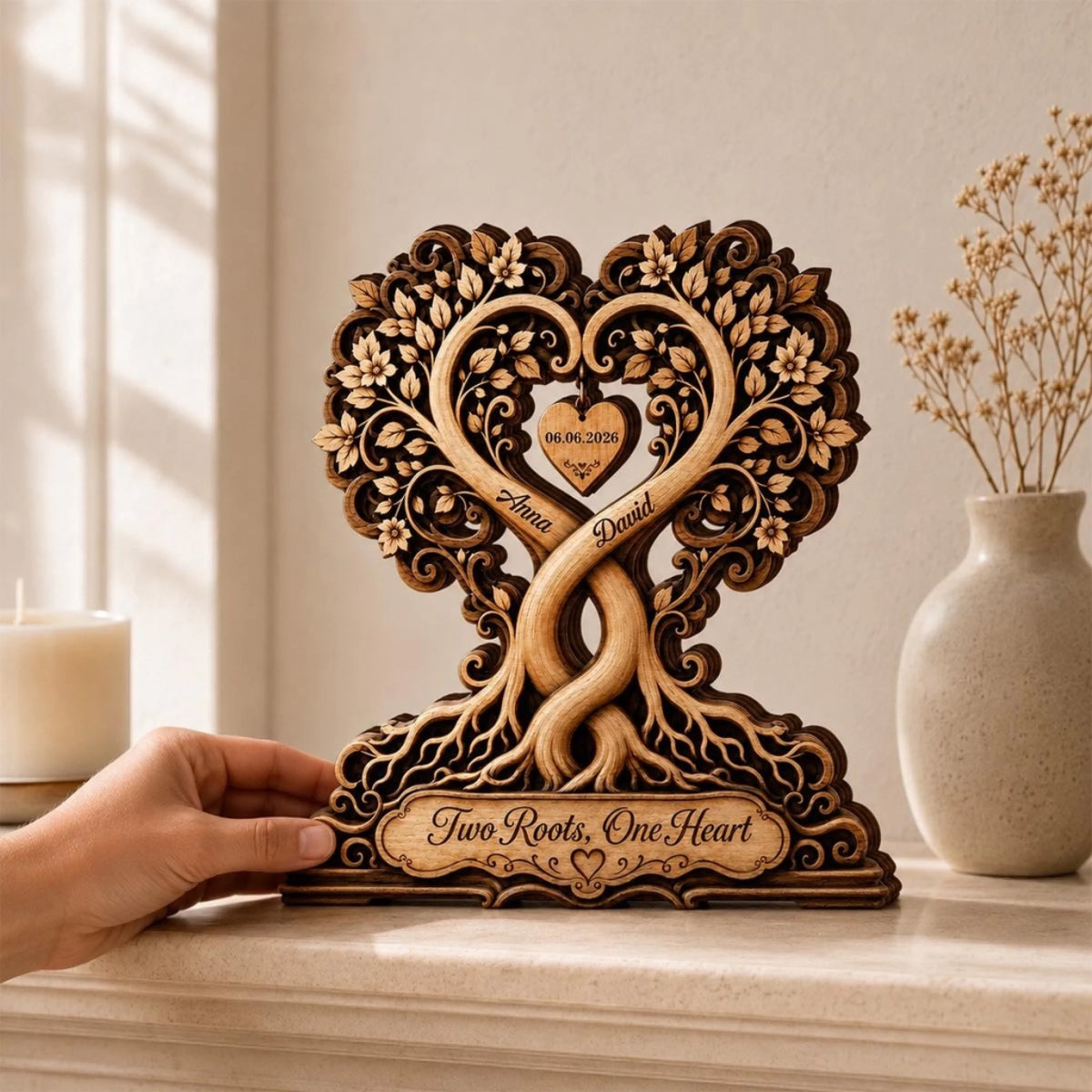 Two Roots One Heart wooden sculpture size in hand