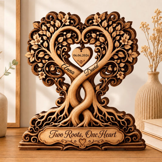 Personalized Two Roots One Heart wooden sculpture with couple names and date