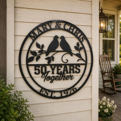 Years together metal sign on porch