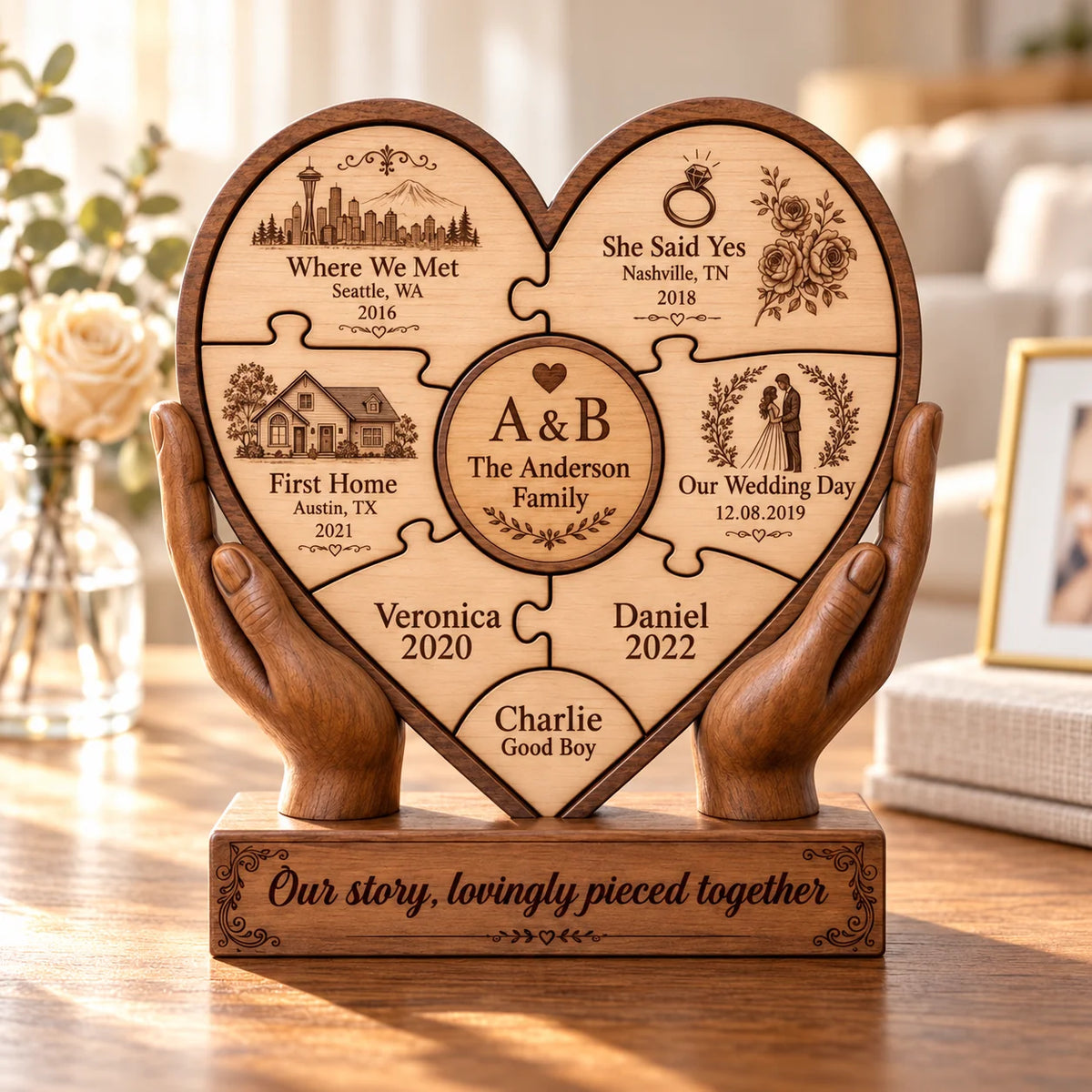 Personalized Heart Puzzle Family Story Sign – Where We Met, She Said Yes, First Home, Wedding Day, Custom Names, Wooden Anniversary Gift for Couple