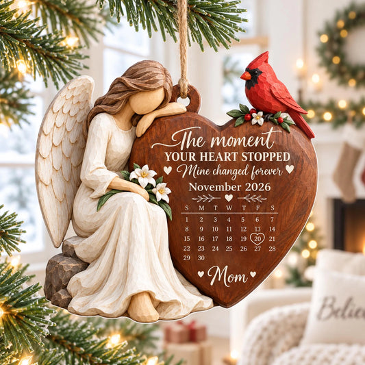 Personalized Angel Cardinal Memorial Ornament – The Moment Your Heart Stopped, Custom Date Calendar & Name, 2-Sided Wooden Christmas In Heaven Keepsake