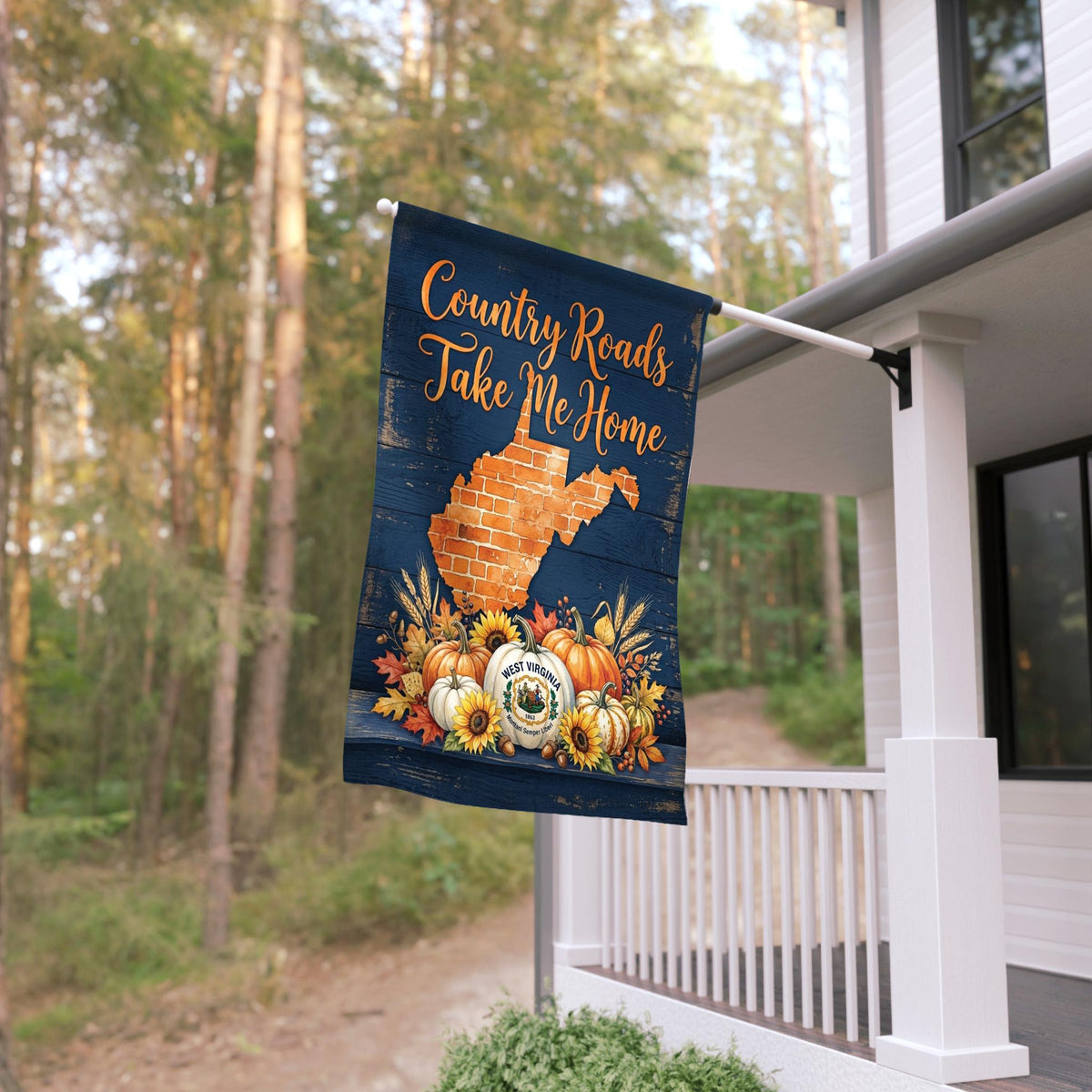 "Country Roads" West Virginia Fall Pumpkin Garden Flag