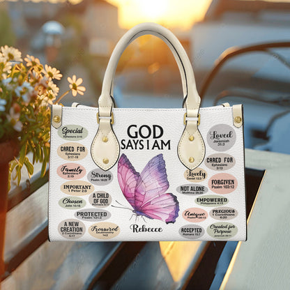 God Says I am Bible Verse Leather Handbag- Butterfly Inspirational Handbag for Christian ID-0321-RB1T