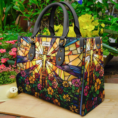 Stained Glass Cross Motivational - Personalized Leather Handbag