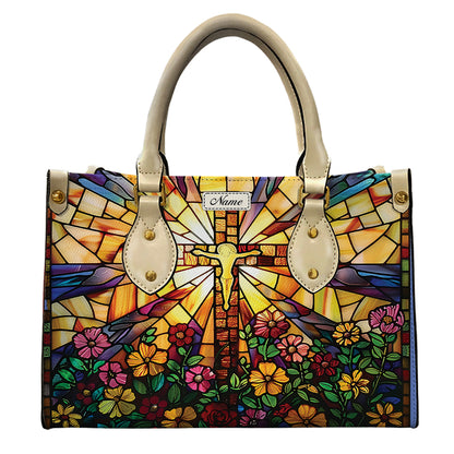 Stained Glass Cross Motivational - Personalized Leather Handbag