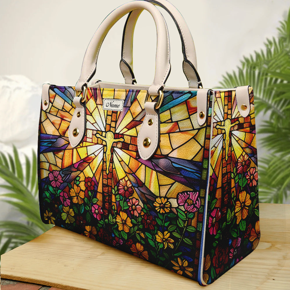 Stained Glass Cross Motivational - Personalized Leather Handbag