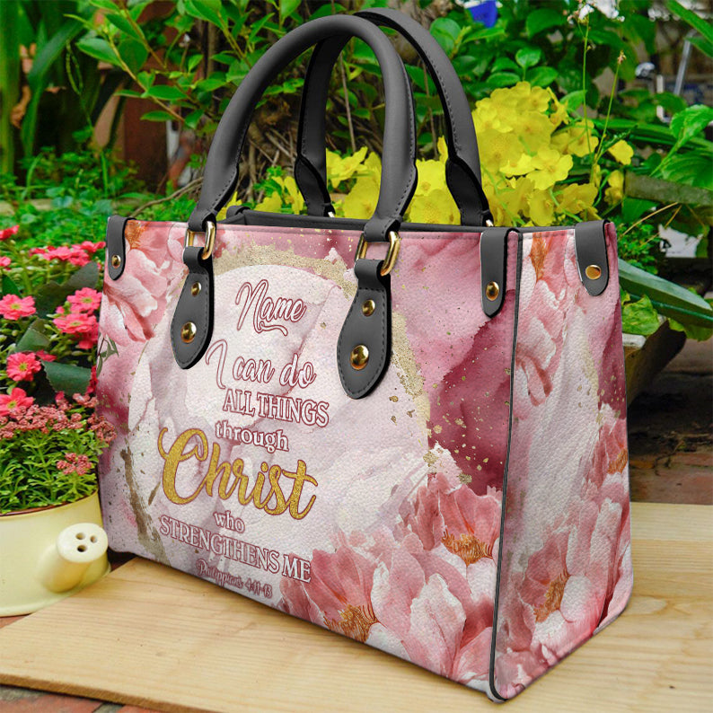 I Can Do All Things Peony Flower Christian Bible Verse Leather Handbag ID-0708-V3NO