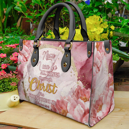 I Can Do All Things Peony Flower Christian Bible Verse Leather Handbag ID-0708-V3NO