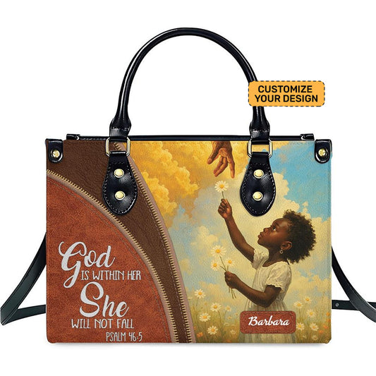 God Is Within Her She Will Not Fall Custom Name PU Leather Handbag For Black Women Umds16