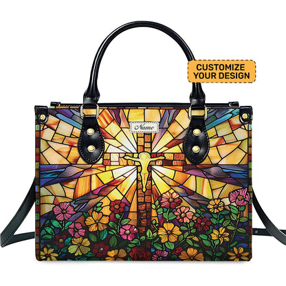 Stained Glass Cross Motivational - Personalized Leather Handbag