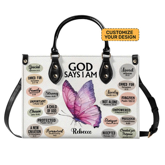 God Says I am Bible Verse Leather Handbag- Butterfly Inspirational Handbag for Christian ID-0321-RB1T