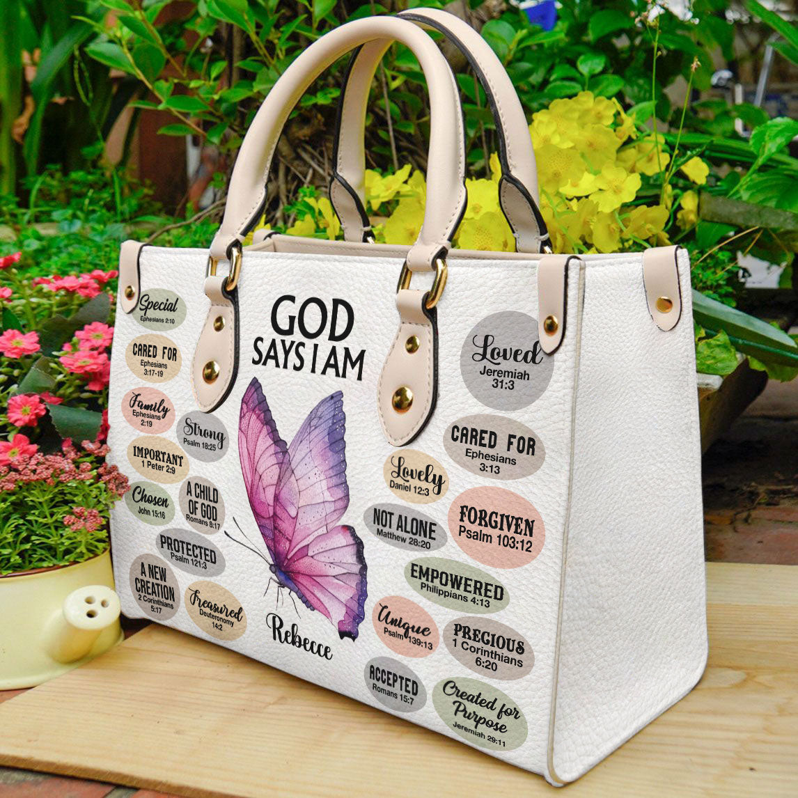 God Says I am Bible Verse Leather Handbag- Butterfly Inspirational Handbag for Christian ID-0321-RB1T