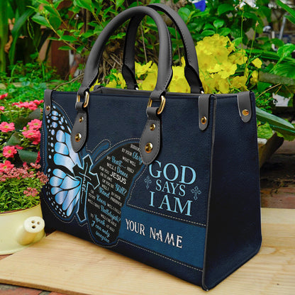 Custom Christian Butterfly Leather Handbag – “God Says I Am” Faith Motivational Handbag ID-0416-ABKR