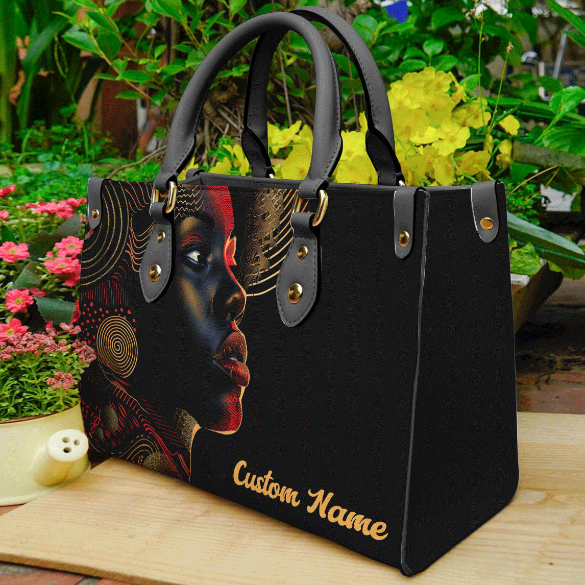 Custom Name Black Woman Leather Handbag – Afrocentric Art Bag for Her ID-0408-ZOGQ