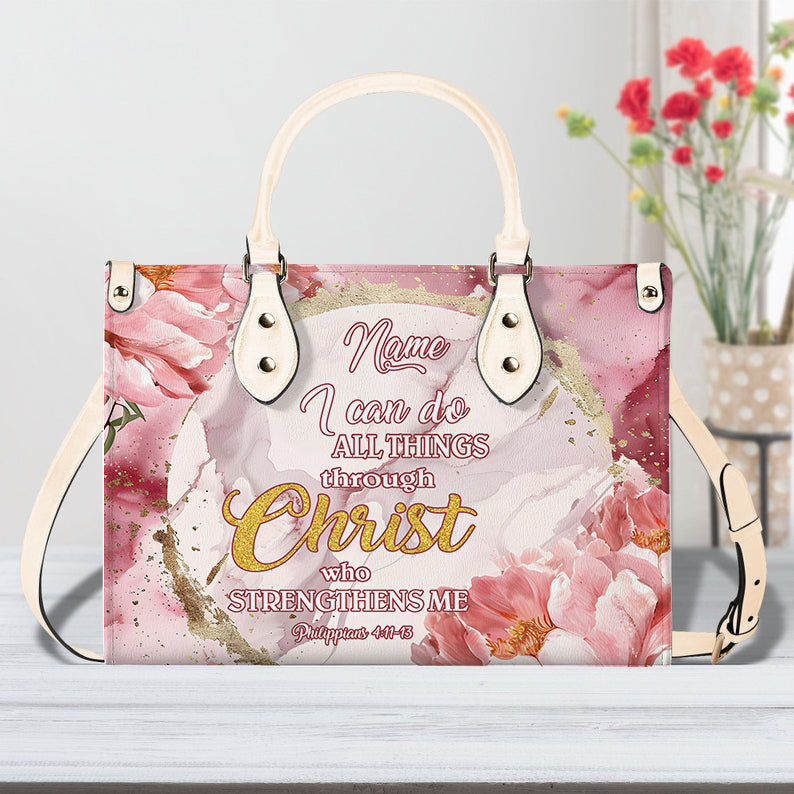 I Can Do All Things Peony Flower Christian Bible Verse Leather Handbag ID-0708-V3NO