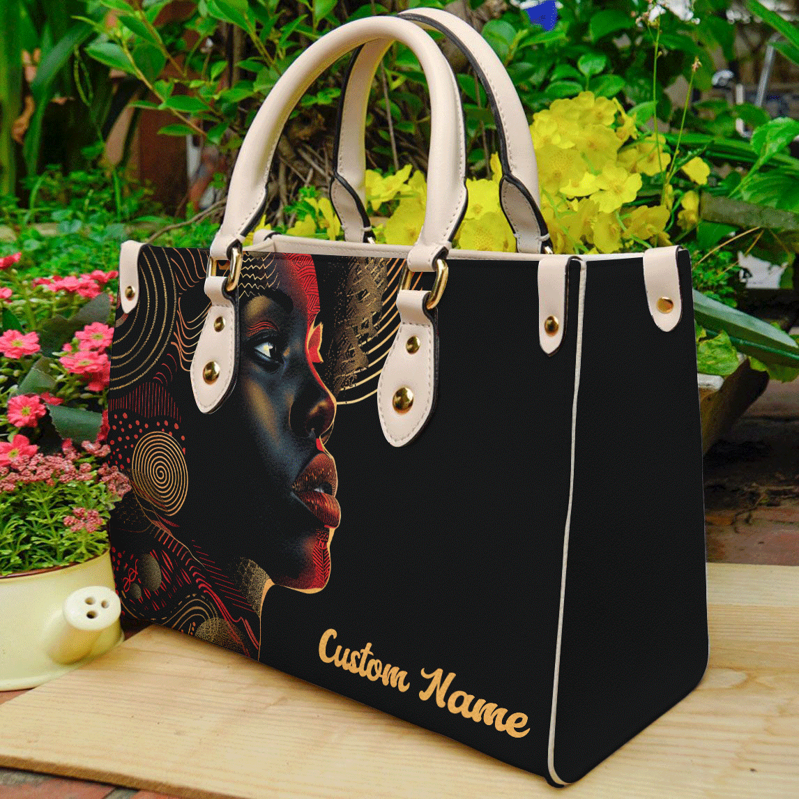 Custom Name Black Woman Leather Handbag – Afrocentric Art Bag for Her ID-0408-ZOGQ