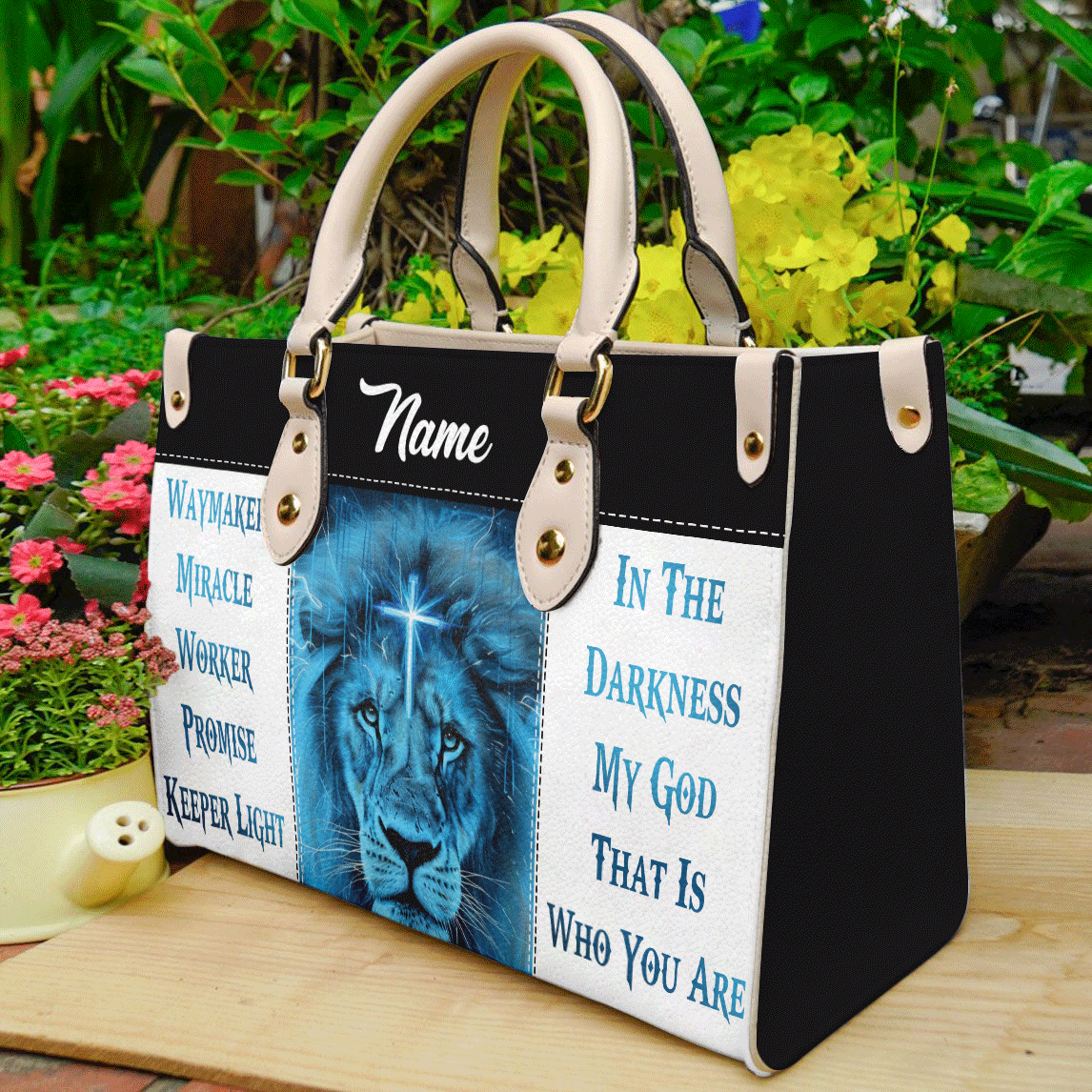 Cross Lion Face Leather Handbags For Women-Way Maker Bible Verse Christian Bag ID-0322-L2MB