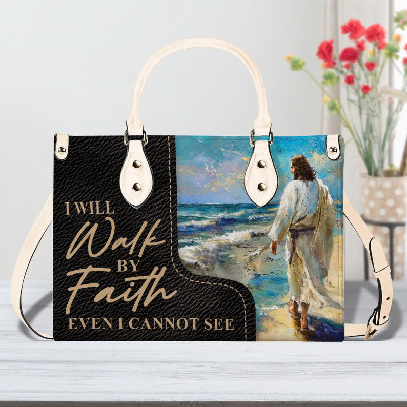Walk by Faith Inspirational Leather Handbag-  Religious Bag with Jesus on the Beach ID-0402-WSIM