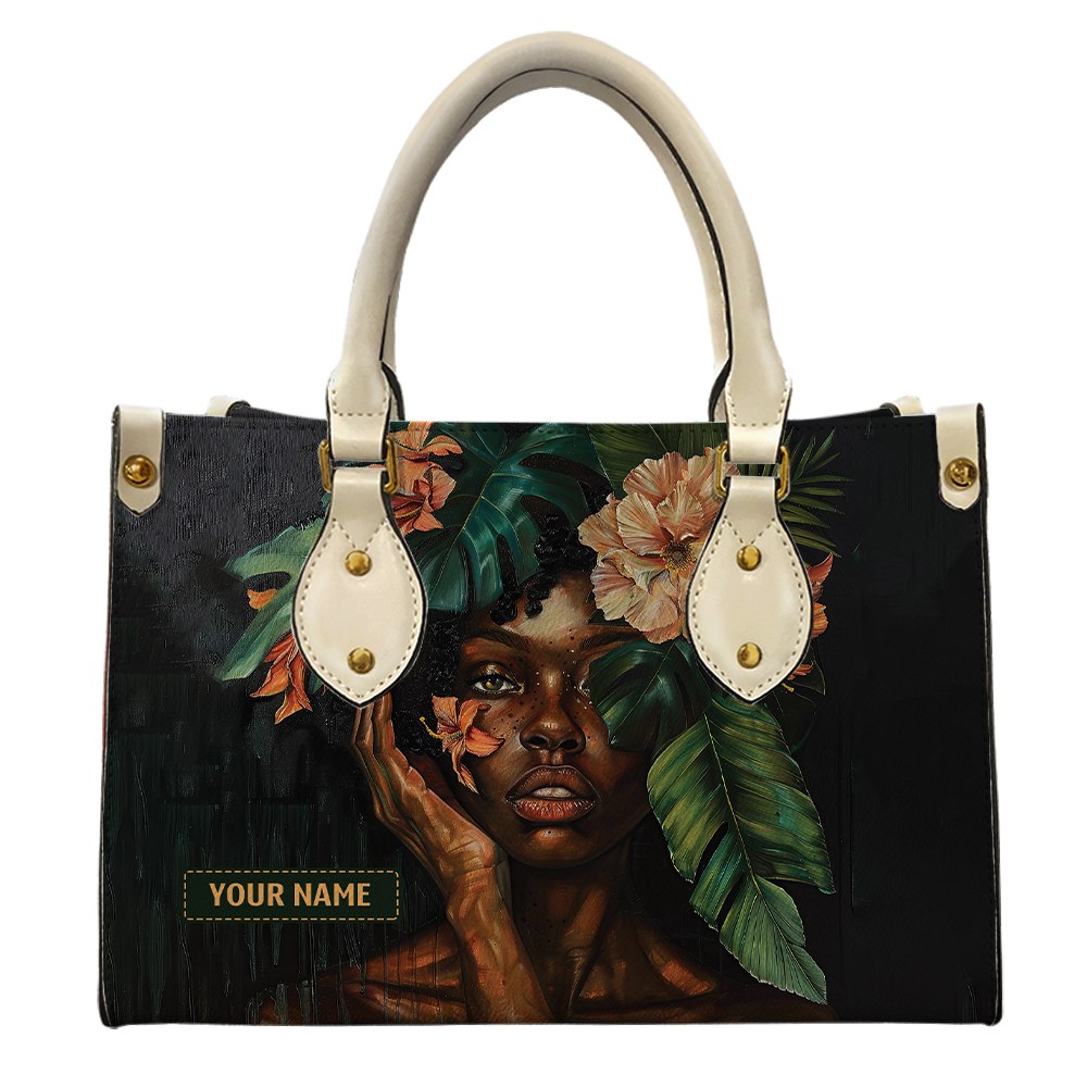 Personalized Elegant Afro Woman Leather Bag – Tropical Queen Floral Handbag ID-0416-D1FX