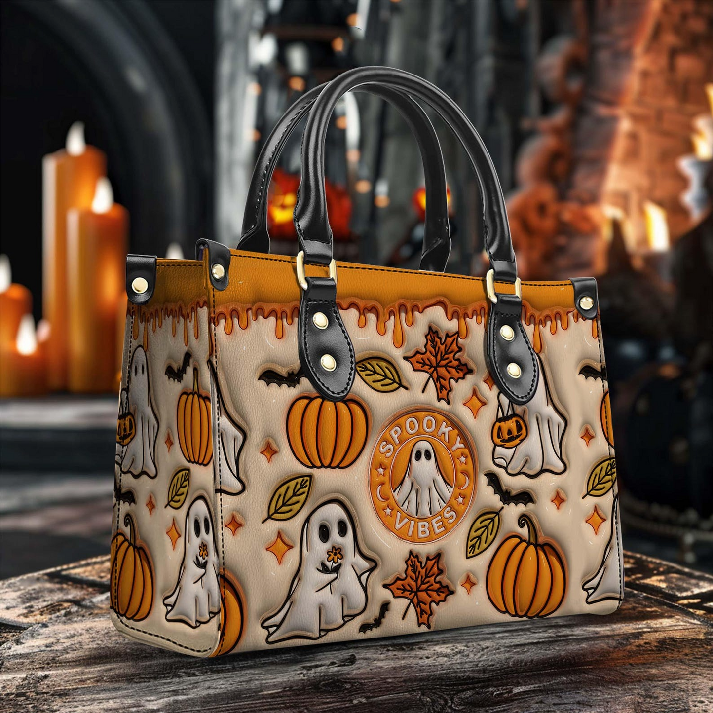 Spooky Vibes Funny Ghost Halloween - Personalized Leather Handbag
