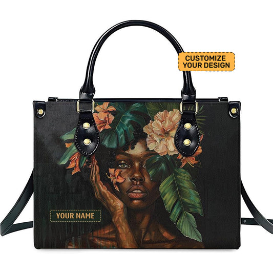 Personalized Elegant Afro Woman Leather Bag – Tropical Queen Floral Handbag ID-0416-D1FX