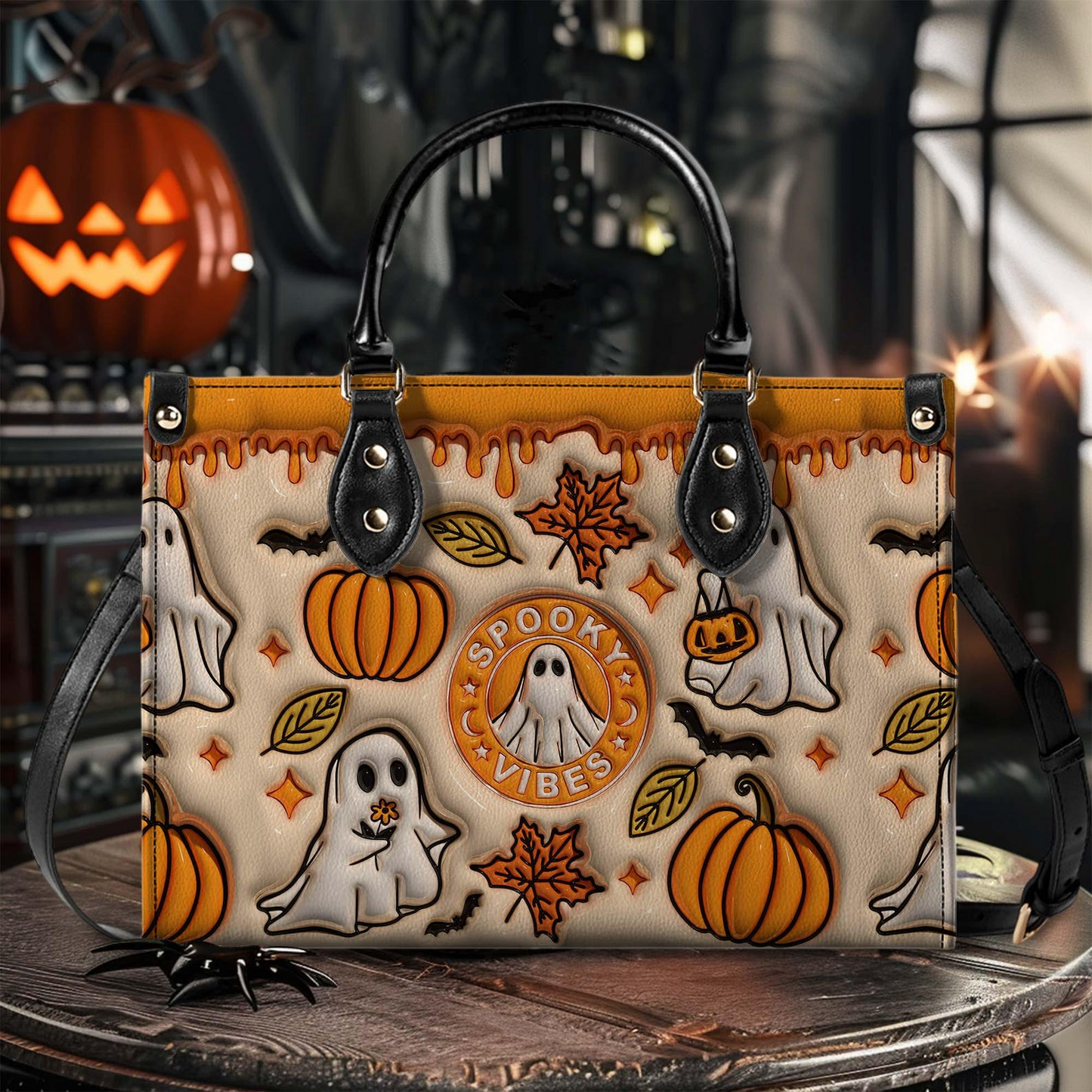 Spooky Vibes Funny Ghost Halloween - Personalized Leather Handbag